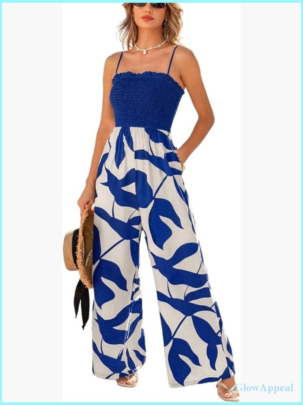 Womens Jumpsuit Square Neck Sleeveless Wide Leg Tropical Print Vacation